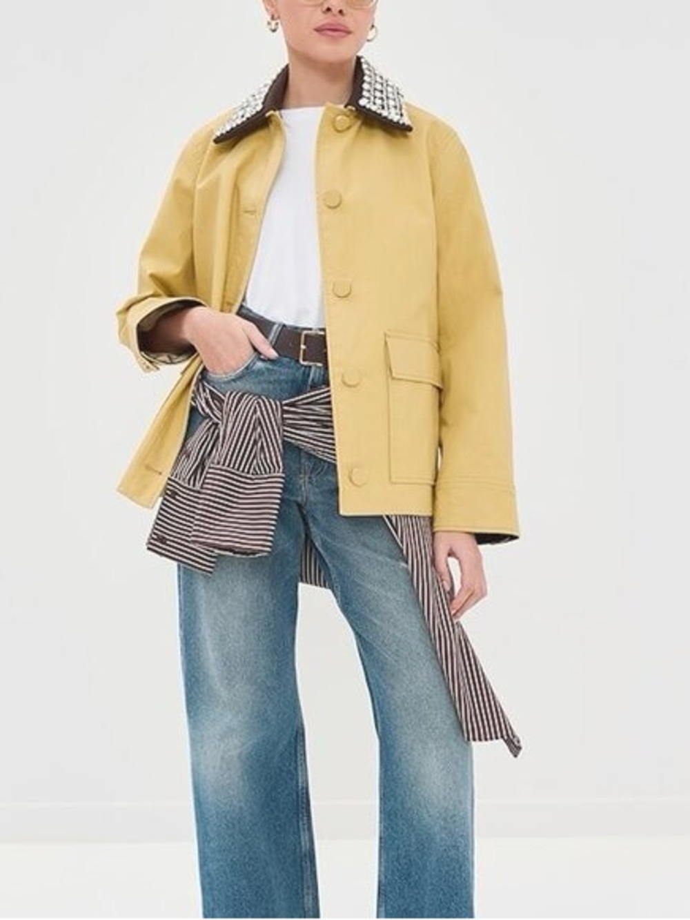 Veronica Beard Yellow Cropped Trench Coat with Embellished Collar
